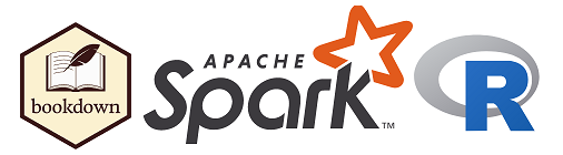 Logos of bookdown, Apache Spark and R