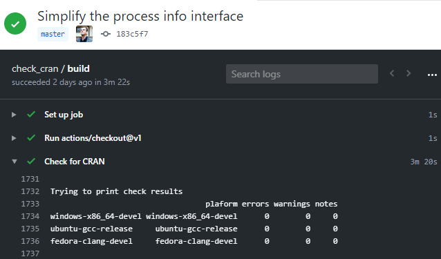 GitHub Action log for package check via R Hub